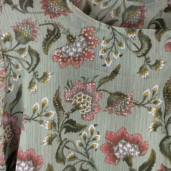 One World Green Floral Lined Sequin Tassel Sheer Blouse Sz L Boho Festival Beach - Picture 9 of 10